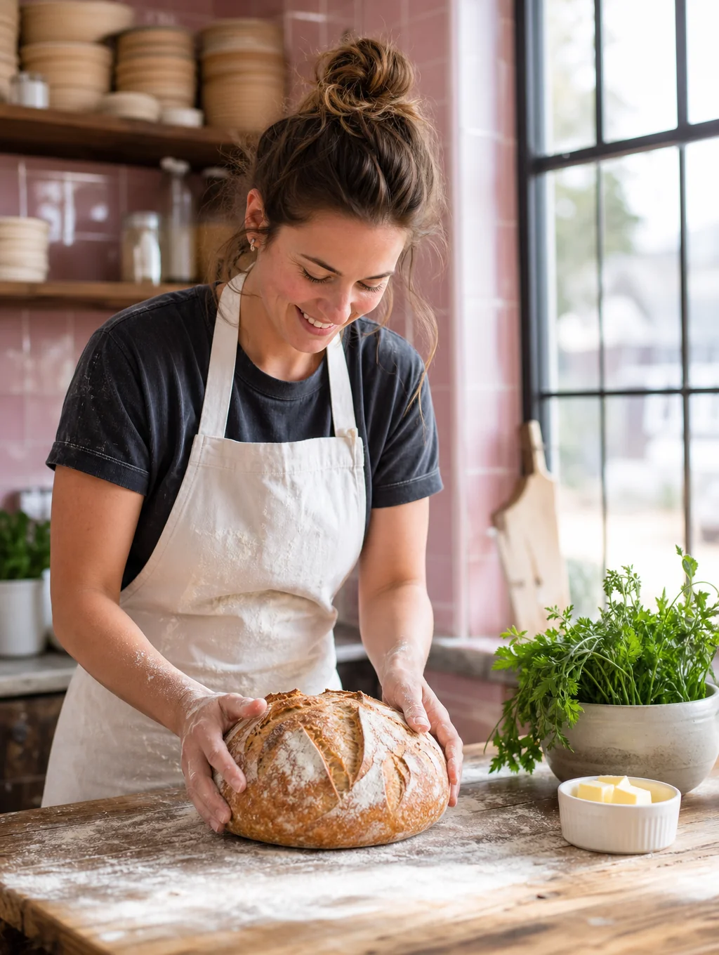 Artisan baker handcrafting traditional sourdough loaf on wooden bakery bench
