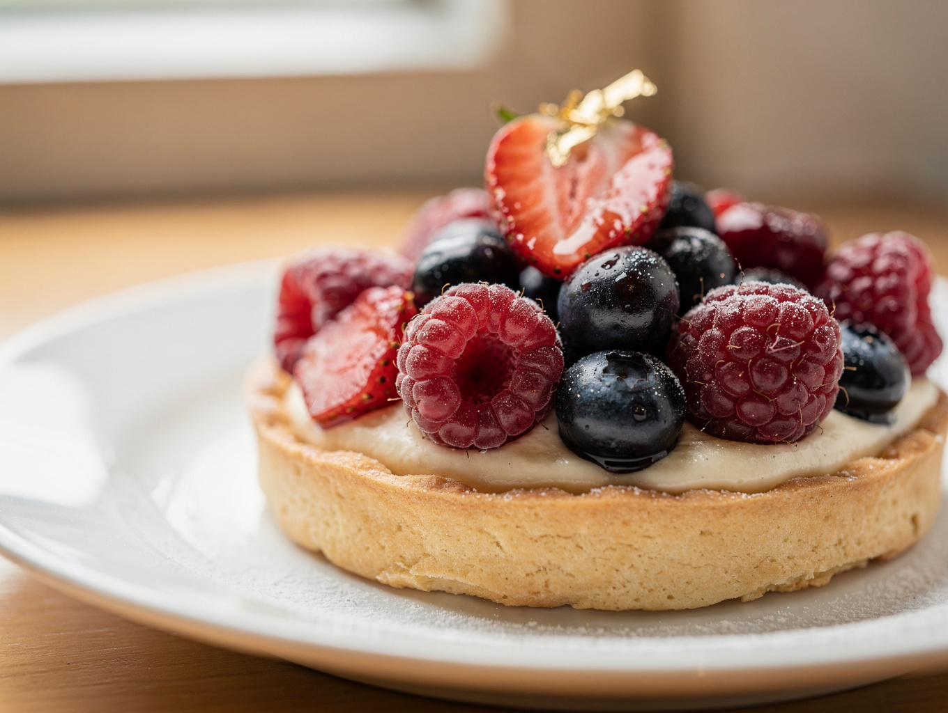 Delicate artisan fruit tarts topped with berries and glossy glaze