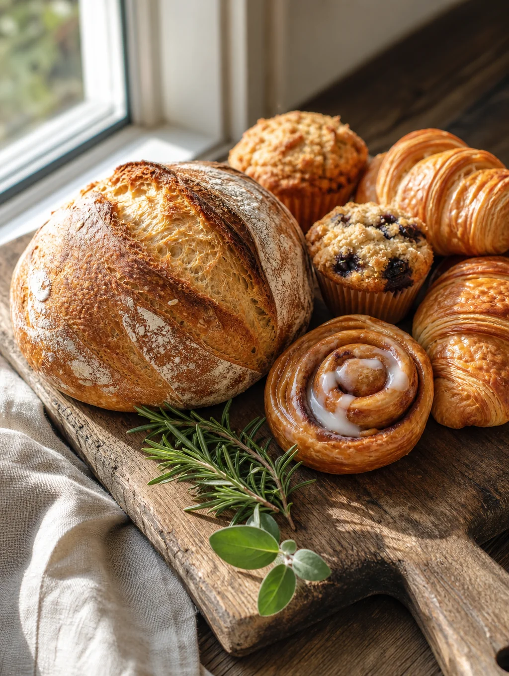 Freshly baked artisan sourdough bread and golden pastries on wooden counter