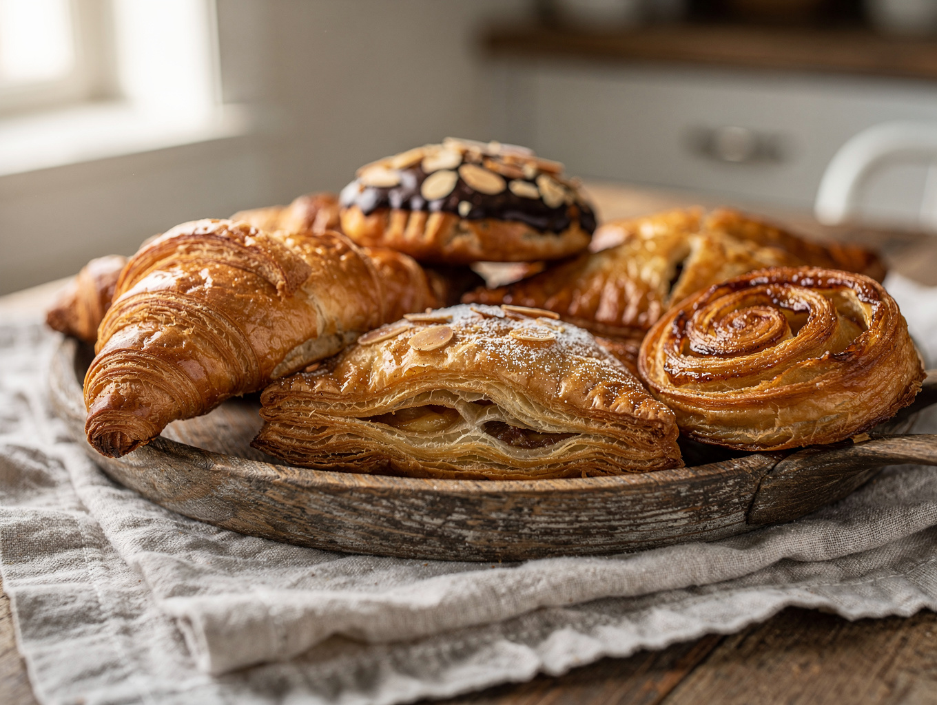 Tray of golden honey-glazed croissants and breakfast pastries