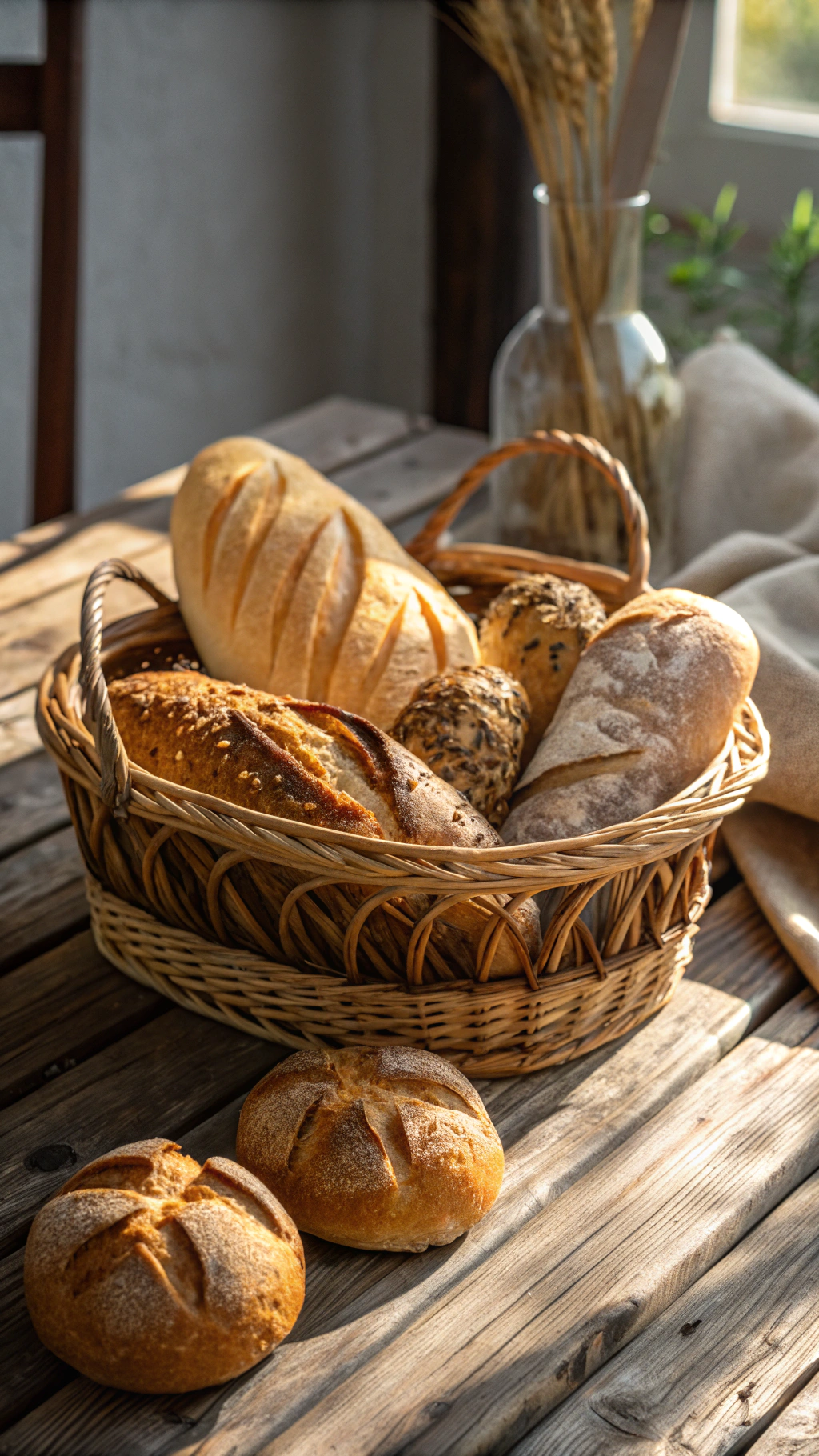 Freshly baked sourdough boules resting on oak bakery shelves