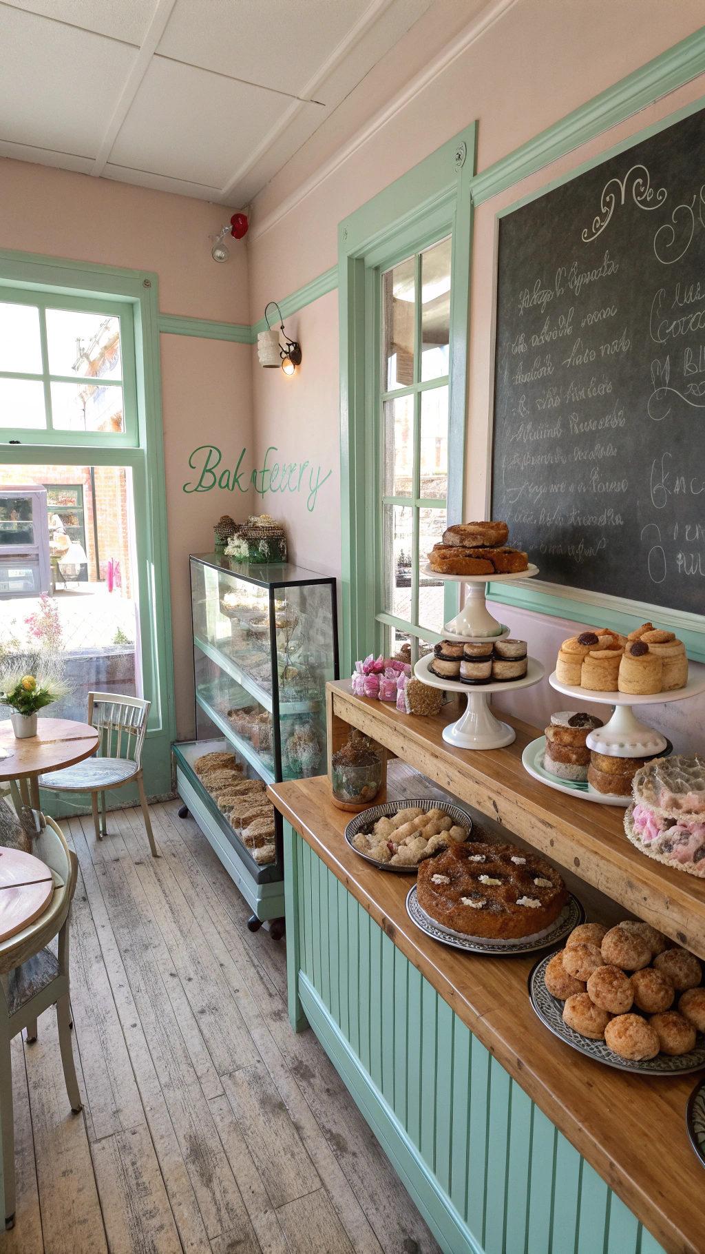 Cozy bakery storefront counter with customers and bread displays