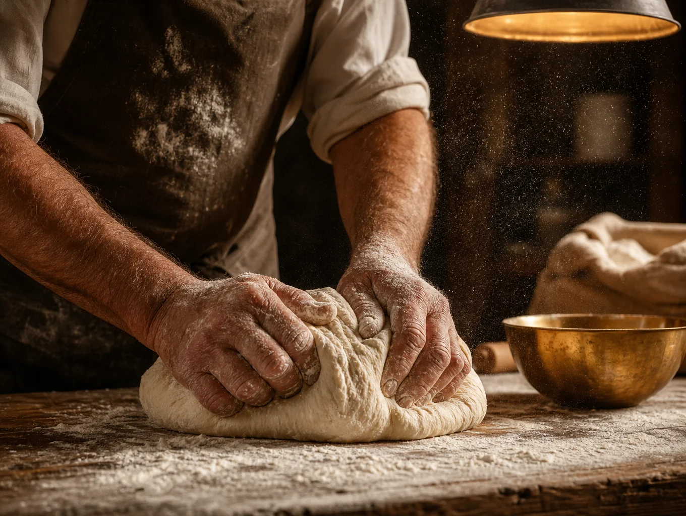 Baker dusting wheat flour over proofed bread dough