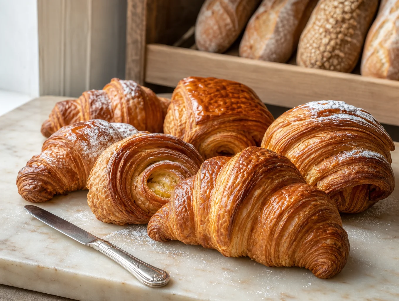 Golden brown flaky croissants and artisan pastries on baking rack
