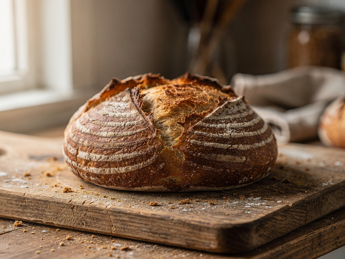 Freshly baked artisan sourdough boule with deep scoring