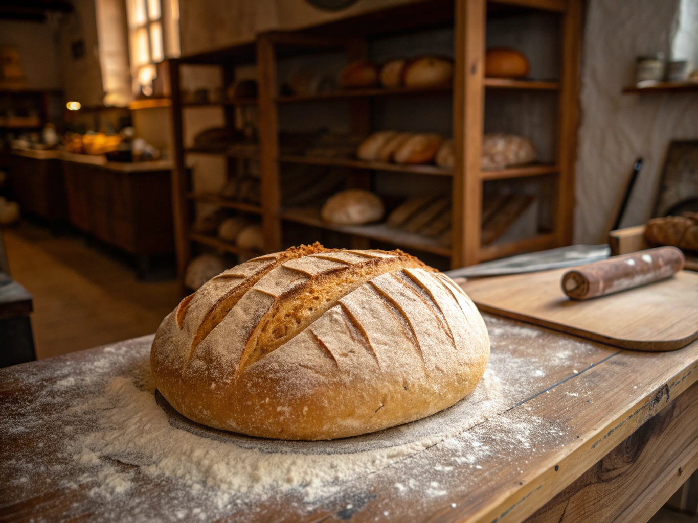 Fresh artisan sourdough bread with crispy scored crust on wooden bakery counter in Ghent